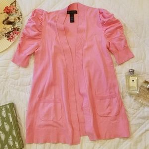 INC spring pastel pink open front sweater short ruched sleeves pockets cardigan
